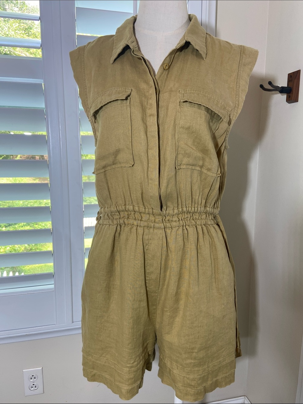 Anthropologie Møn Renn Lela‎ Linen Romper Size L (M) Olive Utility Elastic Waist